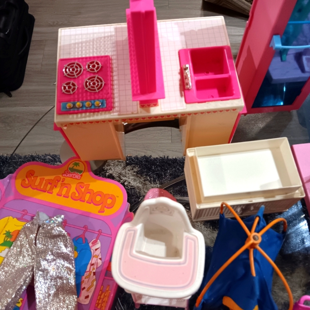 Vintage Barbie 1980s Lot. Surfboard,cowboy boots, clothes, exercise equipment.